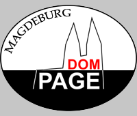 Logo der Dompage Magdeburg, stilisierte Darstellung des Doms mit dem               Schriftzug Magdeburg und Dompage